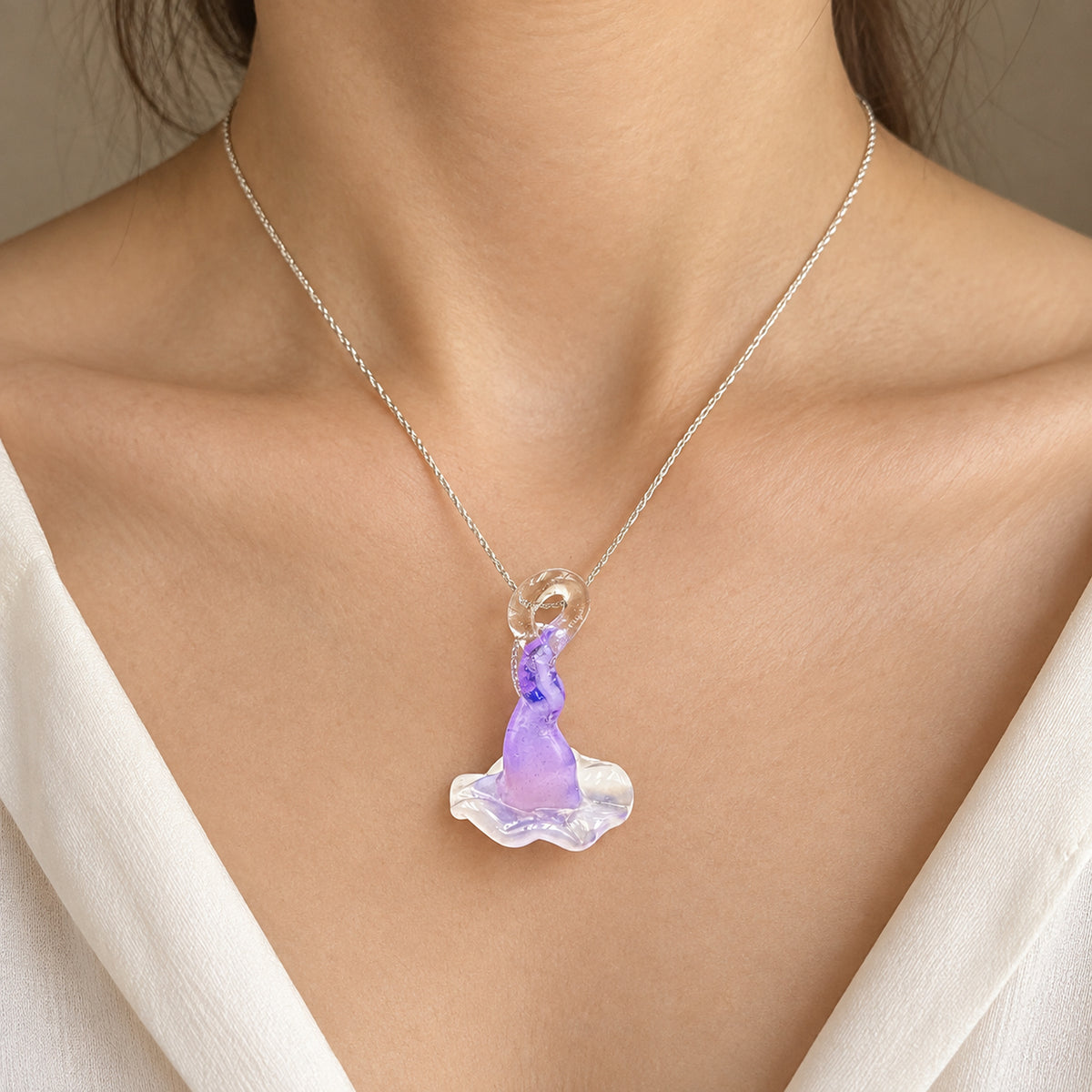 Handcrafted Purple Lampwork Glass Witch Hat Pendant Necklace