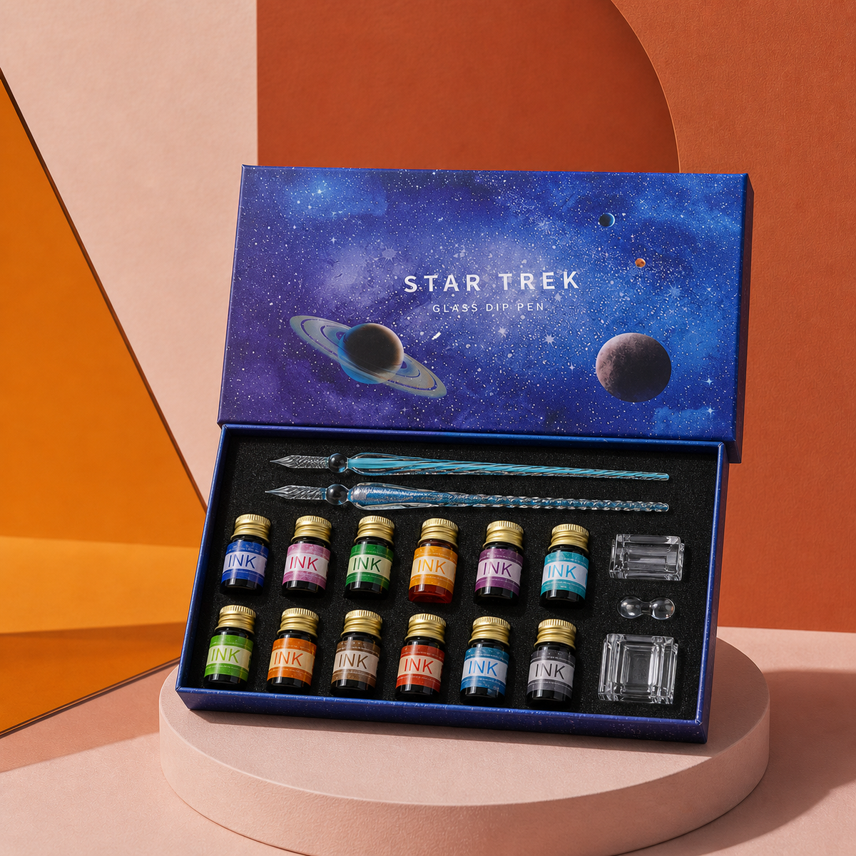 Galaxy Glass Dip Pen 16-Piece Gift Set with 12 Shimmer Inks
